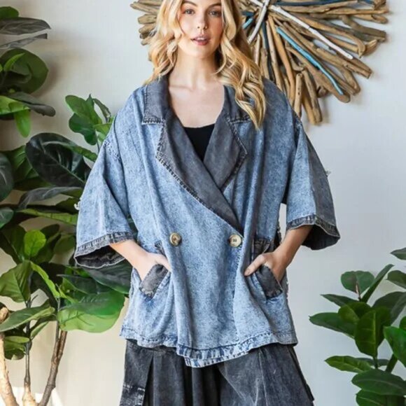 091 Oli & Hali Star Patch Tencel Short Sleeve Blazer Jacket NWOT Size Large - Picture 5 of 14